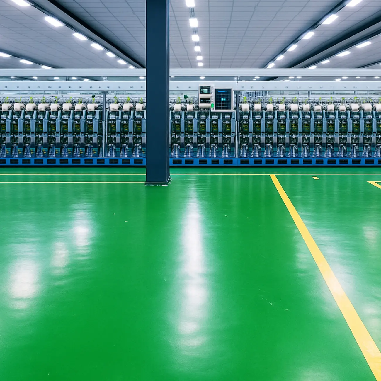 Green epoxy floor with yellow walkway lines in a textile spinning mill