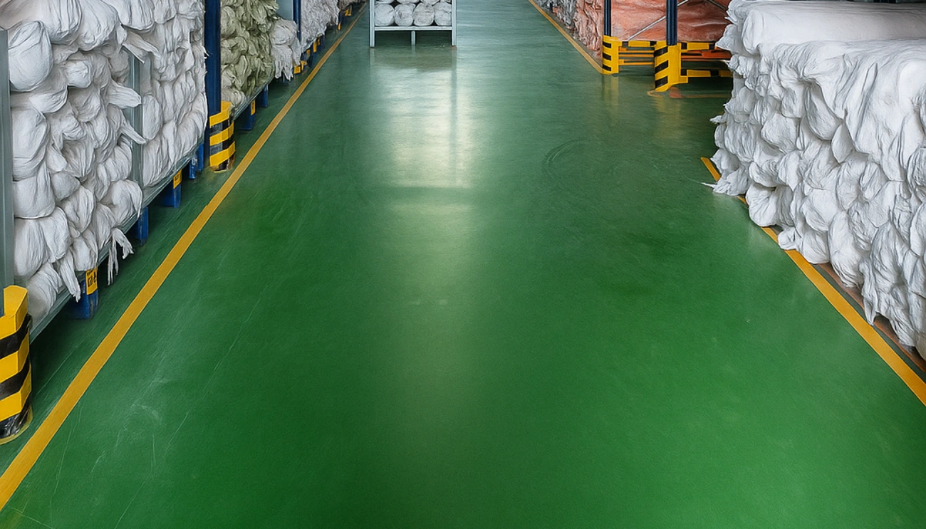 Green PU flooring with yellow safety markings in a textile warehouse