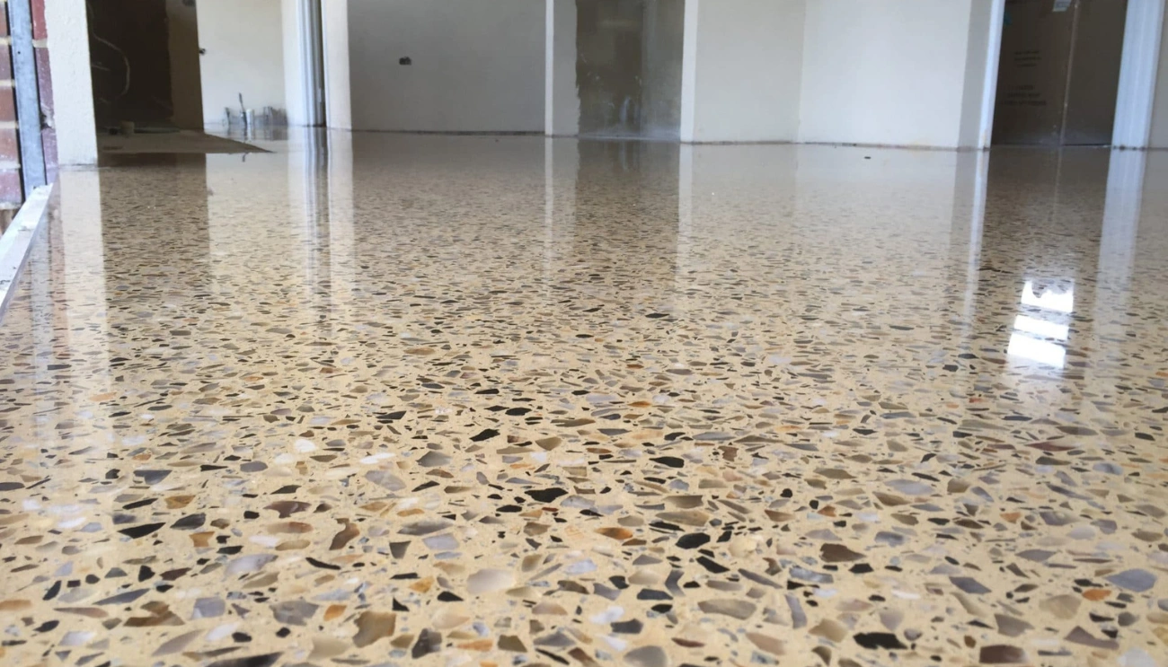 Polished concrete floor with exposed stone aggregate
