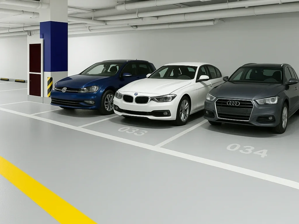 Grey anti-skid epoxy car park floor with numbered parking bays